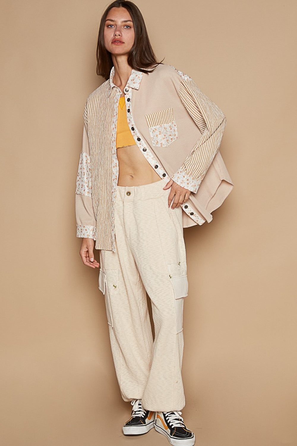 POL Long Sleeve Embroidered Print Patch Pocket Shirt - The Goddess Galleries
