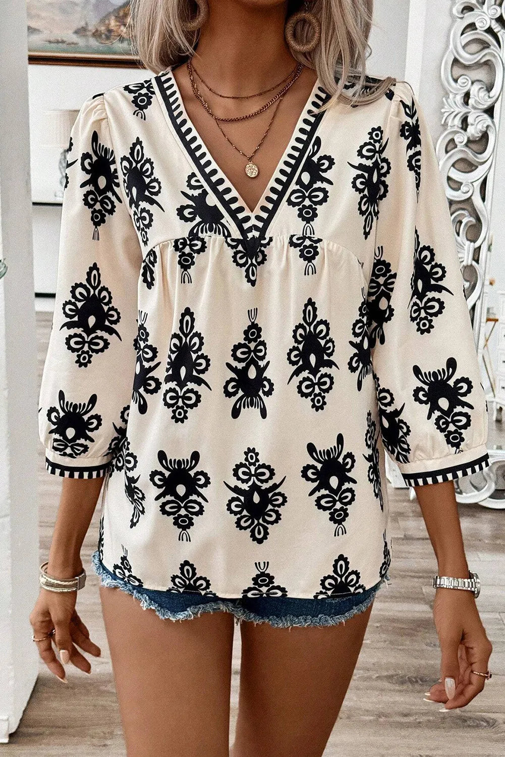 Printed V-Neck Three-Quarter Sleeve Blouse - The Goddess Galleries