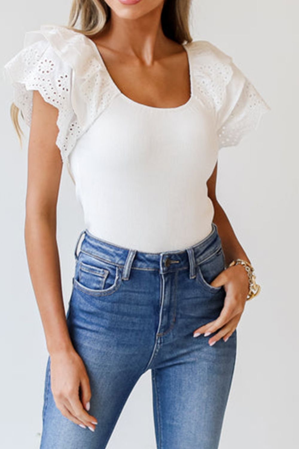 Eyelet Ruffle Sleeve Slim Top - The Goddess Galleries