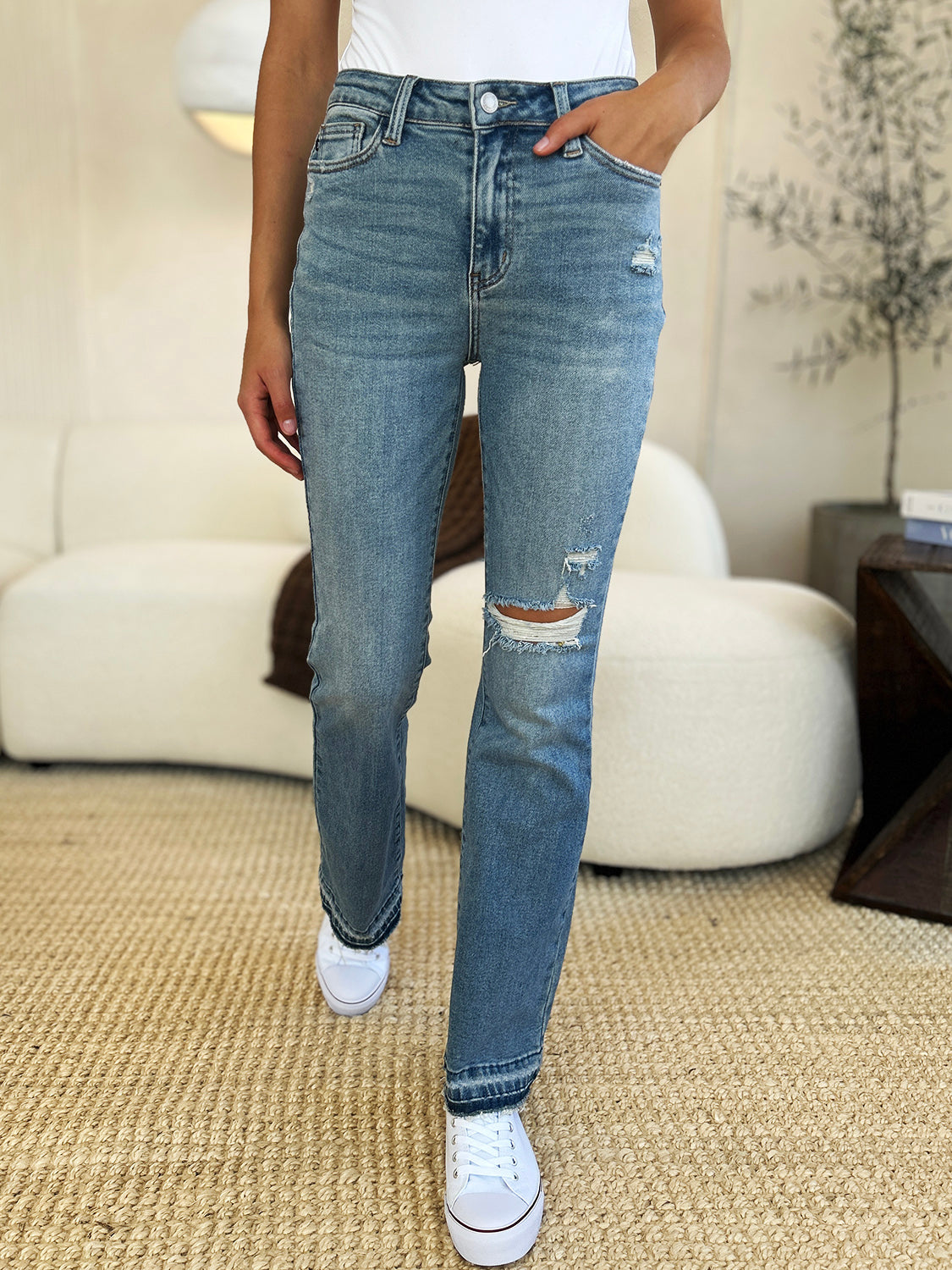Judy Blue Full Size Mid Rise Destroyed Hem Distressed Jeans - The Goddess Galleries