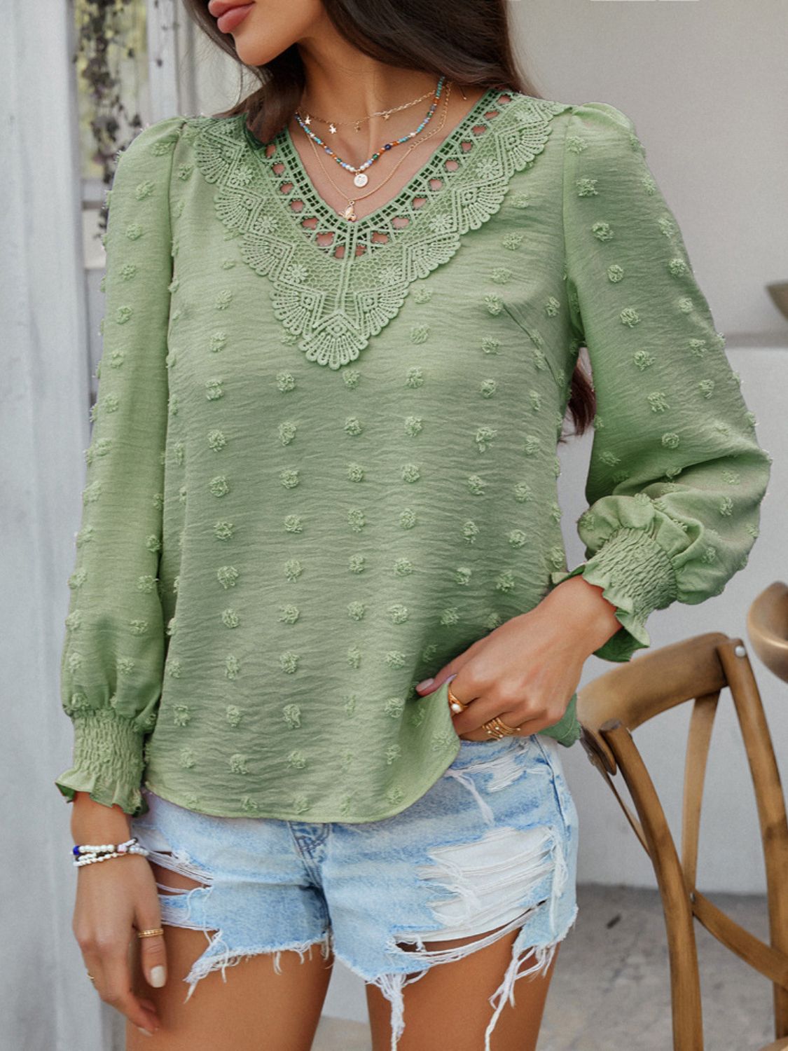Devine Swiss Dot Lace Detail V-Neck Long Sleeve Blouse - The Goddess Galleries
