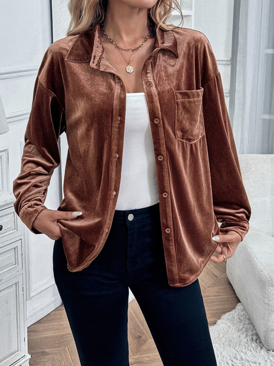 Perfee Button Up Long Sleeve Shirt - The Goddess Galleries