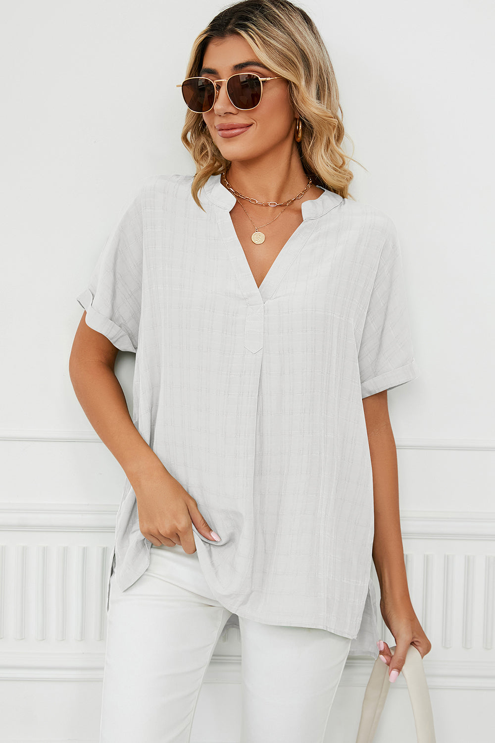 Ruched Notched Short Sleeve Blouse - The Goddess Galleries