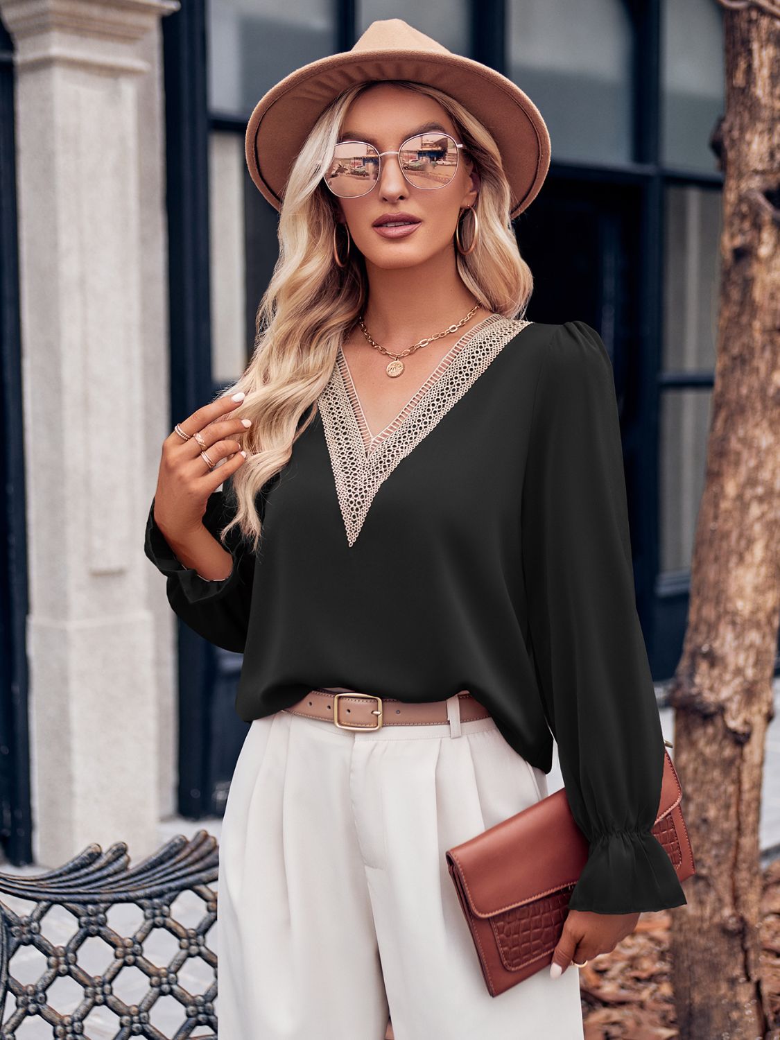 Ruffled V-Neck Flounce Sleeve Blouse - The Goddess Galleries
