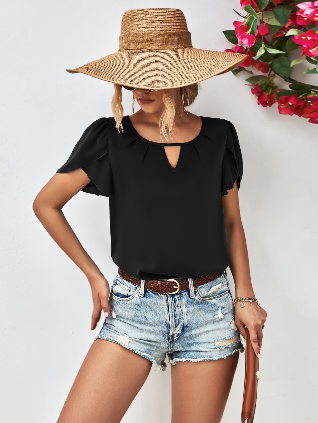 Cutout Round Neck Petal Sleeve Blouse - The Goddess Galleries