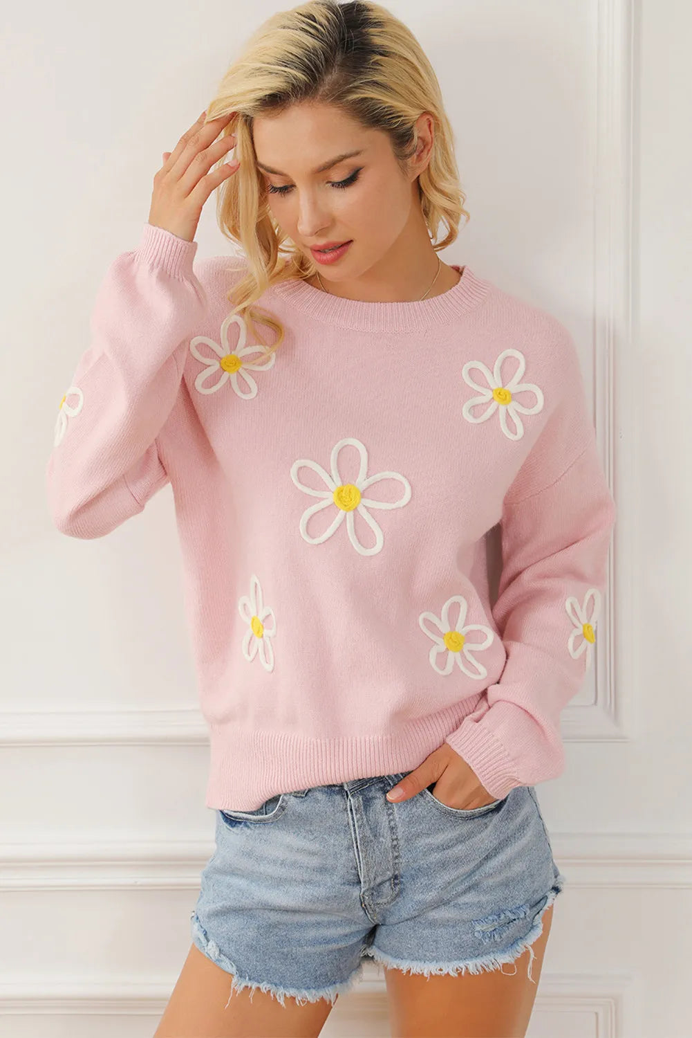 Flower Round Neck Dropped Shoulder Sweater - The Goddess Galleries