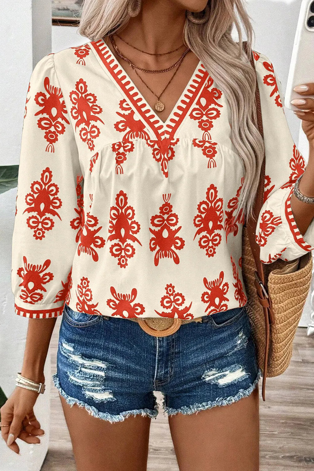 Printed V-Neck Three-Quarter Sleeve Blouse - The Goddess Galleries