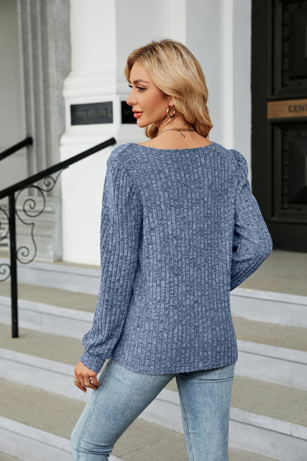 Ribbed Square Neck Long Sleeve T-Shirt - The Goddess Galleries