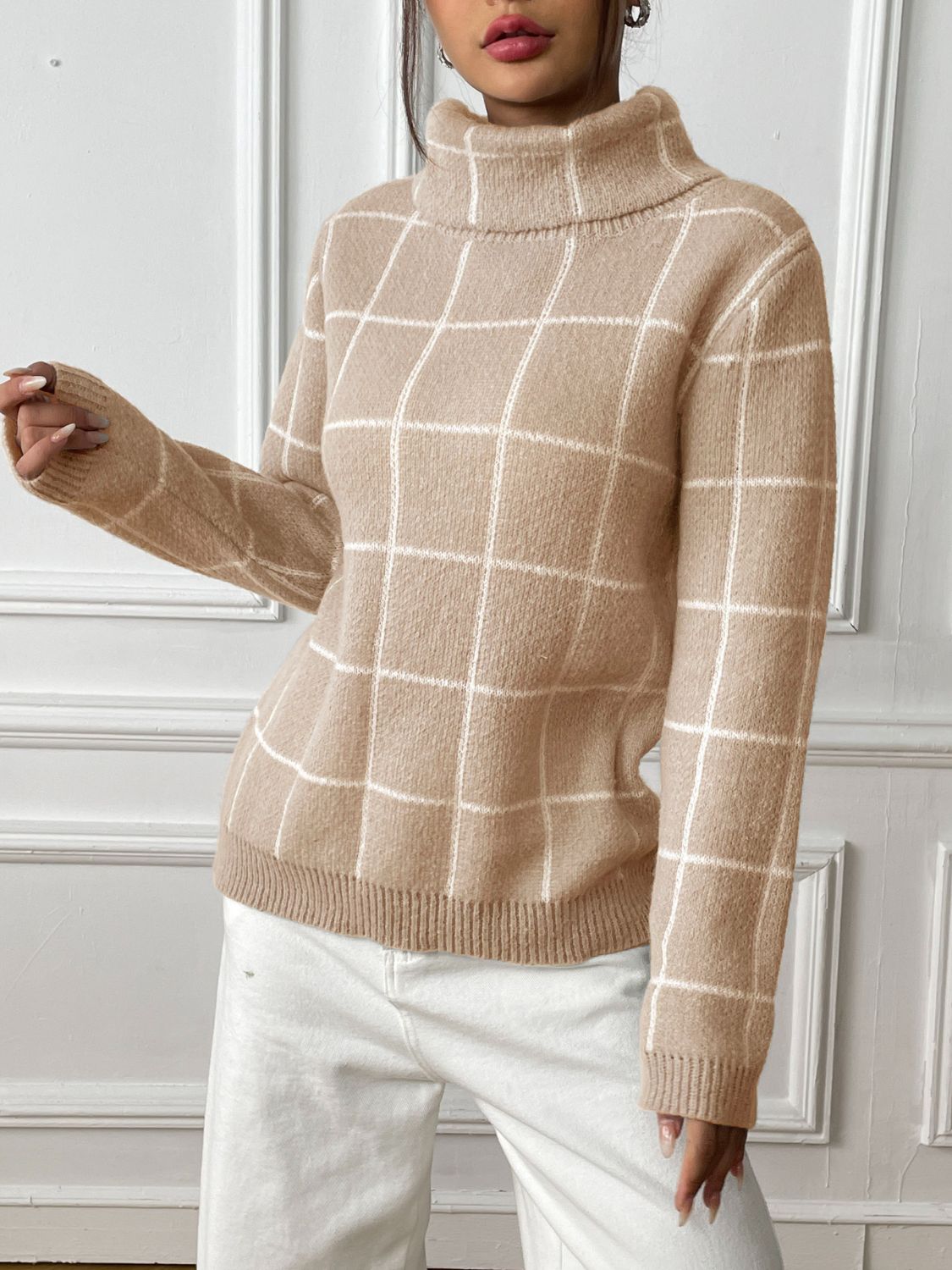 Plaid Turtleneck Long Sleeve Sweater - The Goddess Galleries