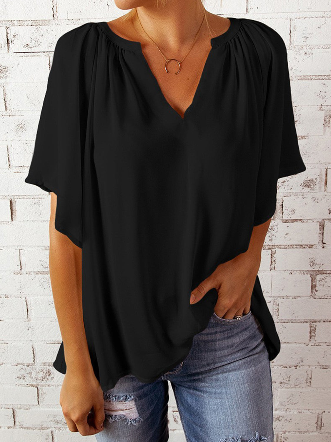 Ruched Notched Half Sleeve Blouse - The Goddess Galleries