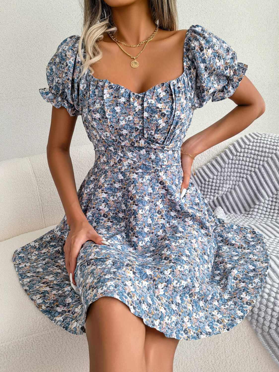 Floral Sweetheart Neck Flounce Sleeve Mini Dress - The Goddess Galleries