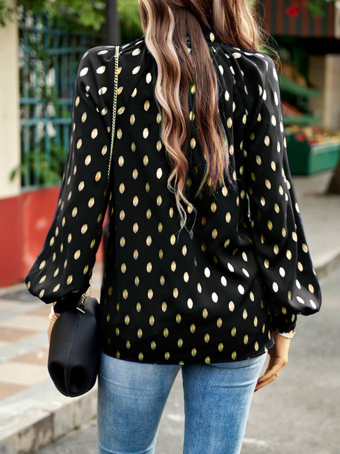 Devine Mock Neck Cutout Lantern Sleeve Blouse - The Goddess Galleries