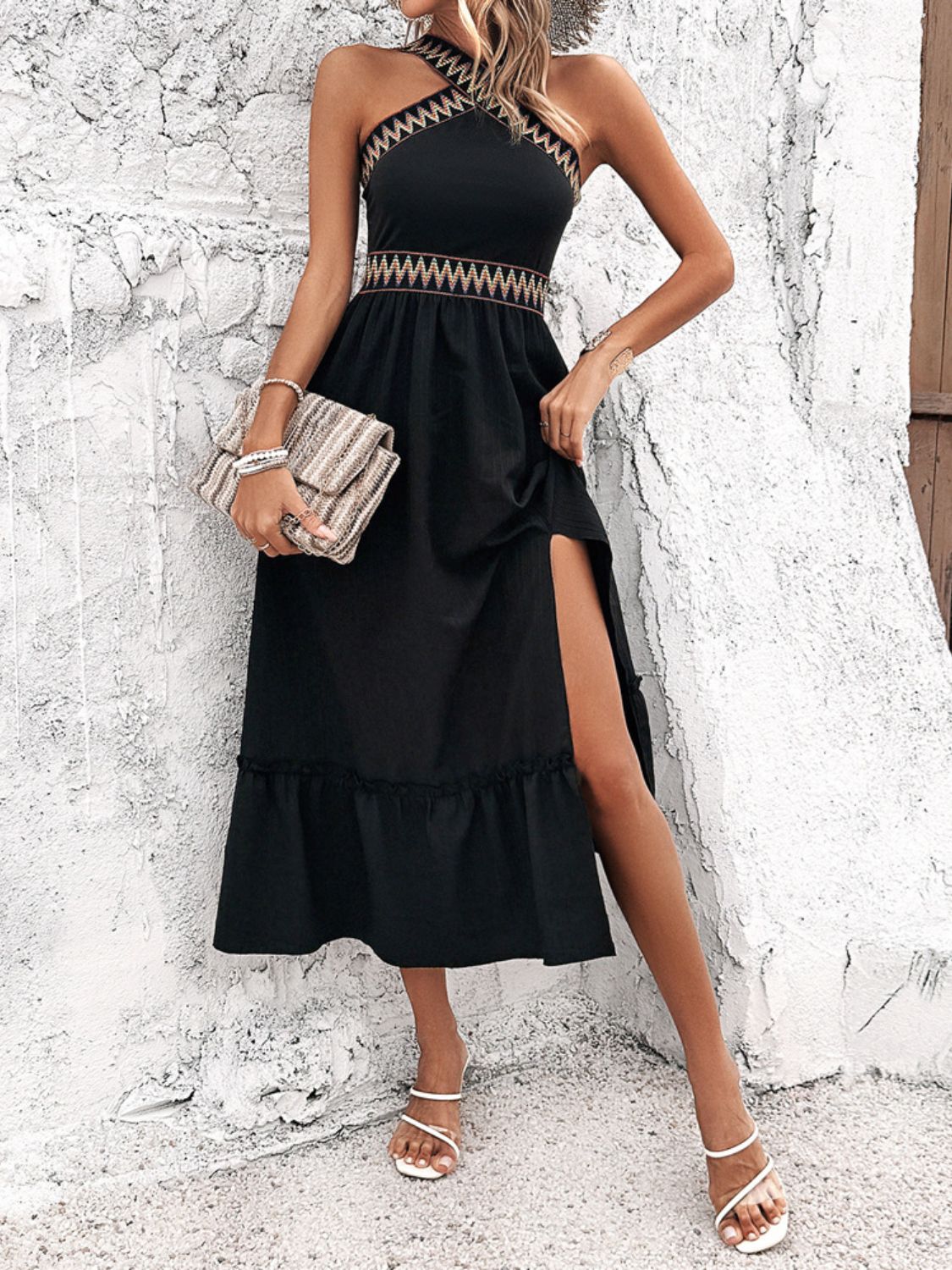 Devine Ruffled Slit Sleeveless Midi Dress - The Goddess Galleries