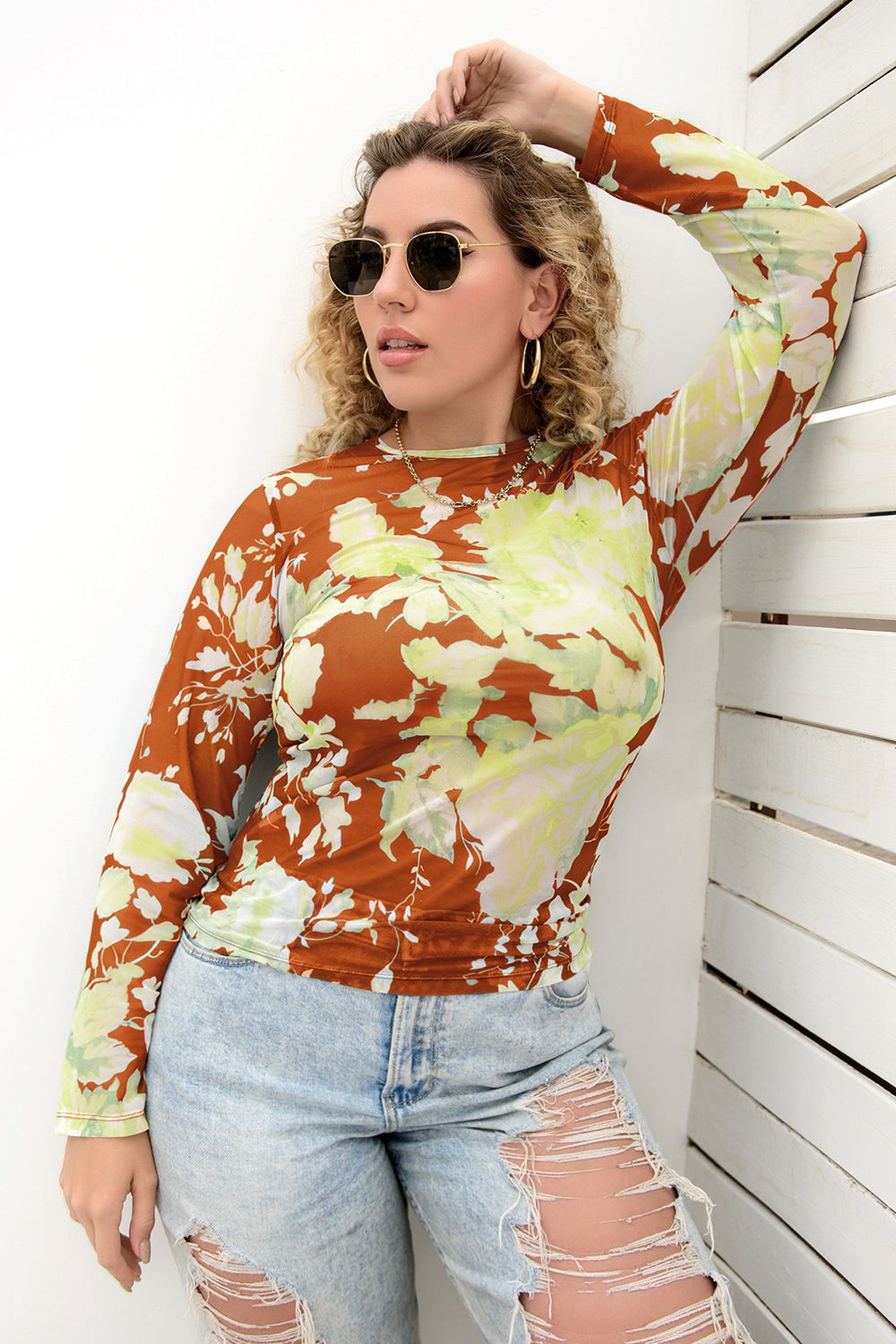 Plus Size Printed Round Neck Long Sleeve Blouse - The Goddess Galleries