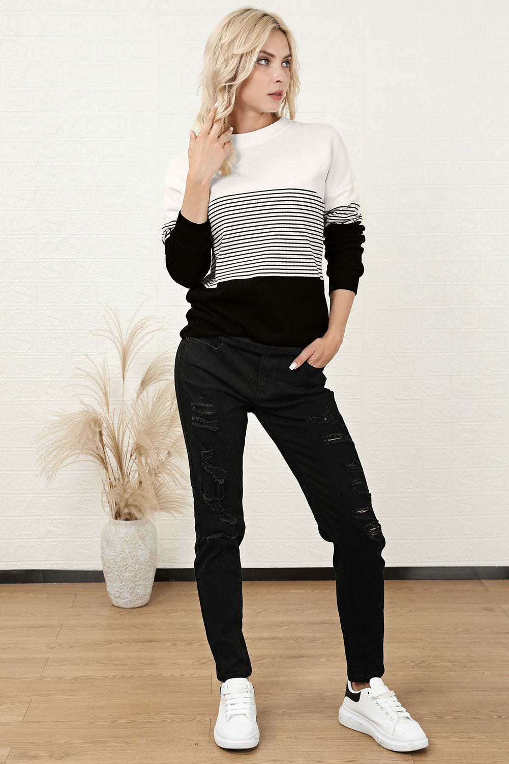 Striped Color Block Long Sleeve Knit Top - The Goddess Galleries