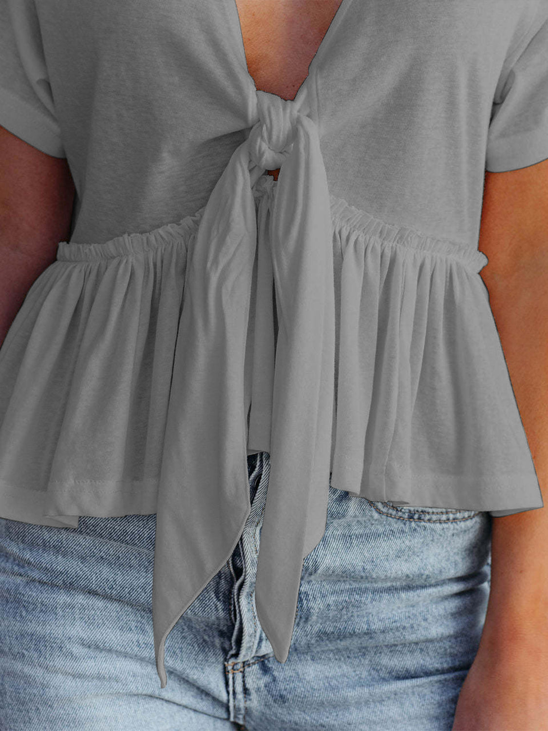 Tied Plunge Short Sleeve Blouse - The Goddess Galleries