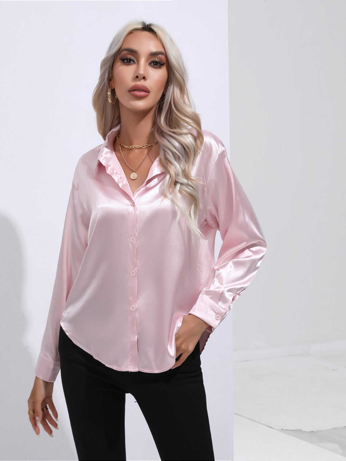 Collared Neck Buttoned Long Sleeve Shirt - The Goddess Galleries