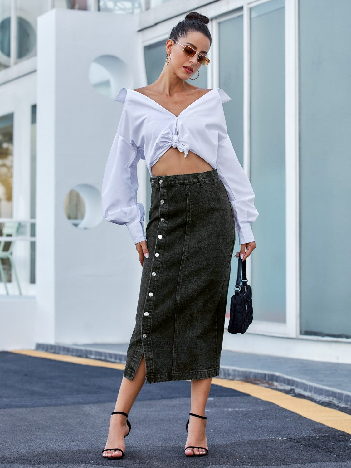 Button Down Denim Skirt - The Goddess Galleries