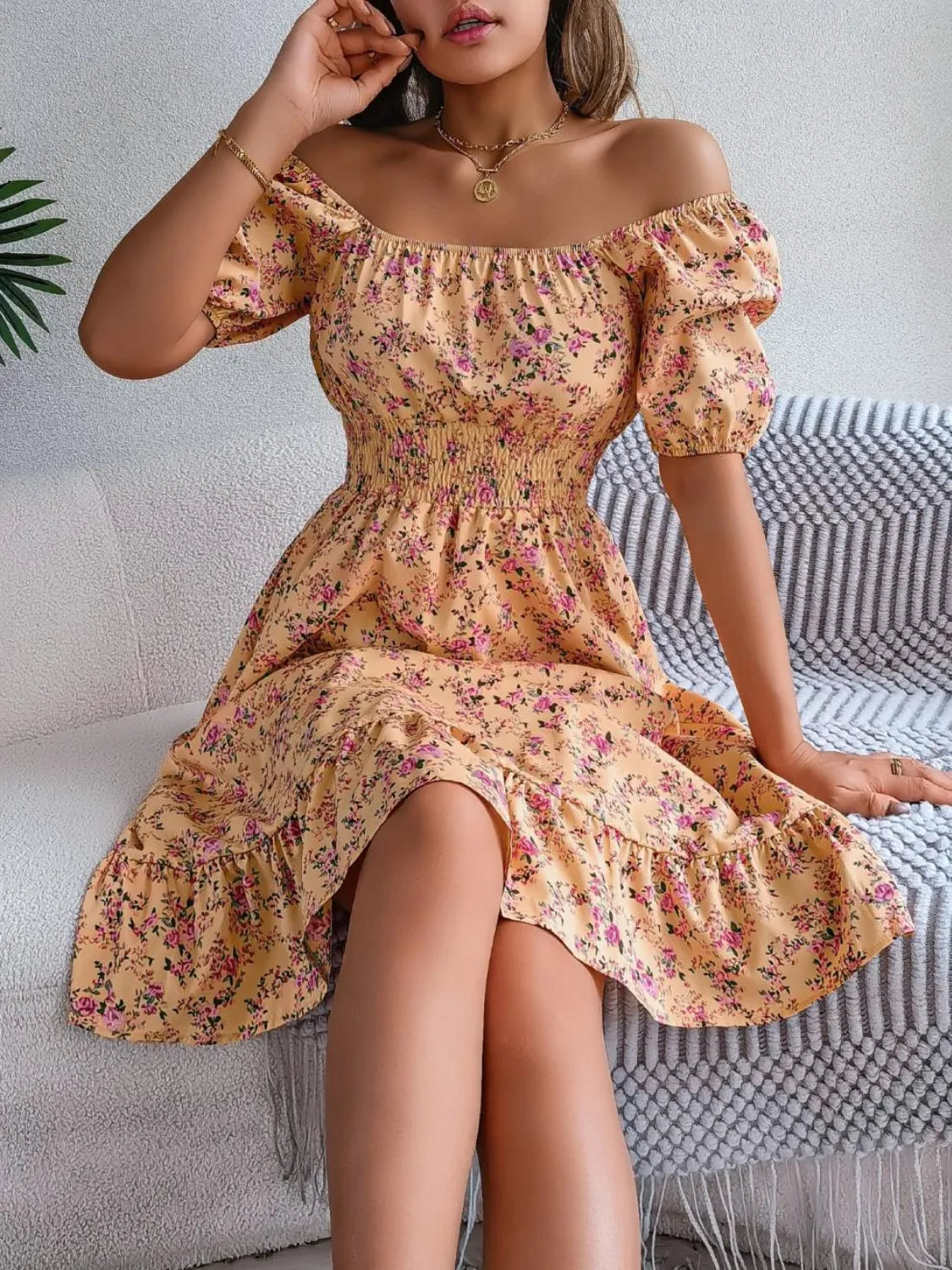 Ruffled Hem Floral Puff Sleeve Dress - The Goddess Galleries