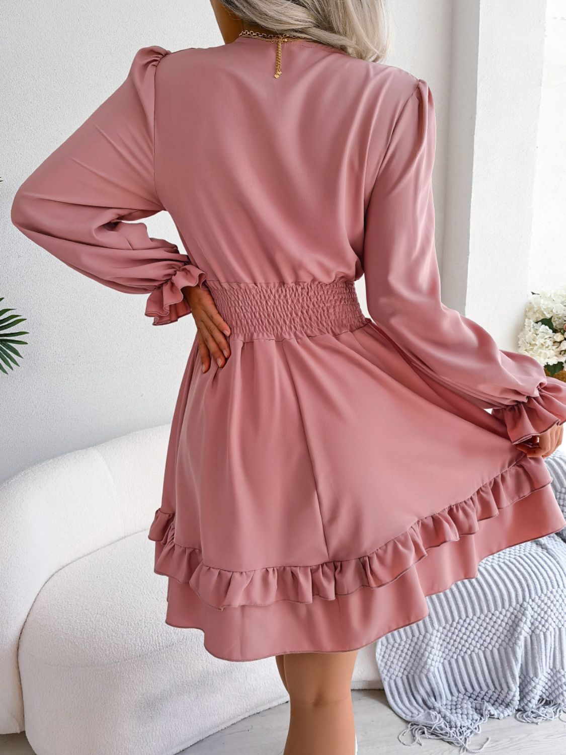 Tie Front Smocked Waist Flounce Sleeve Dress - The Goddess Galleries