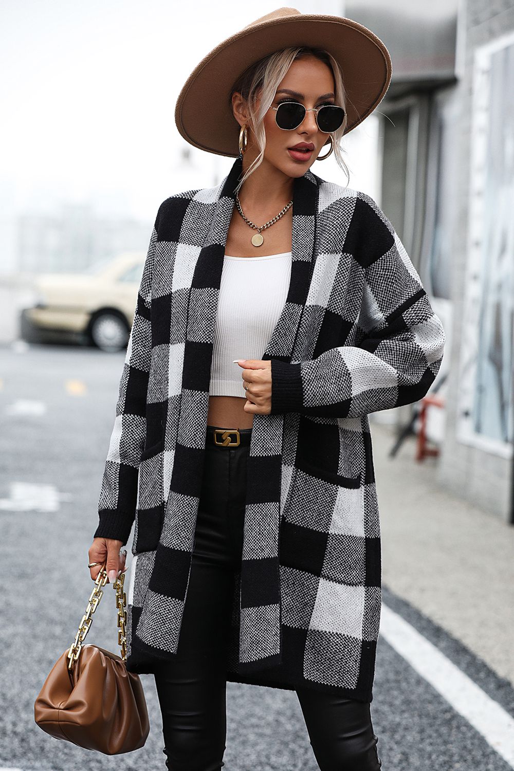 Plaid Dropped Shoulder Cardigan with Pocket - The Goddess Galleries