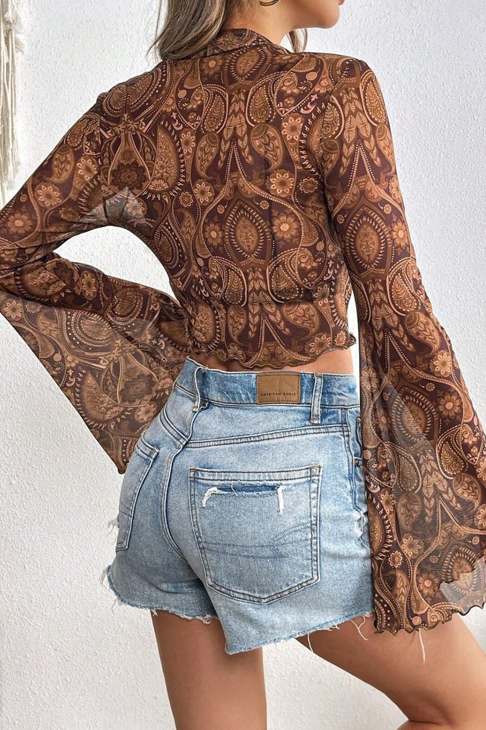 Printed Mock Neck Flare Sleeve Top - The Goddess Galleries