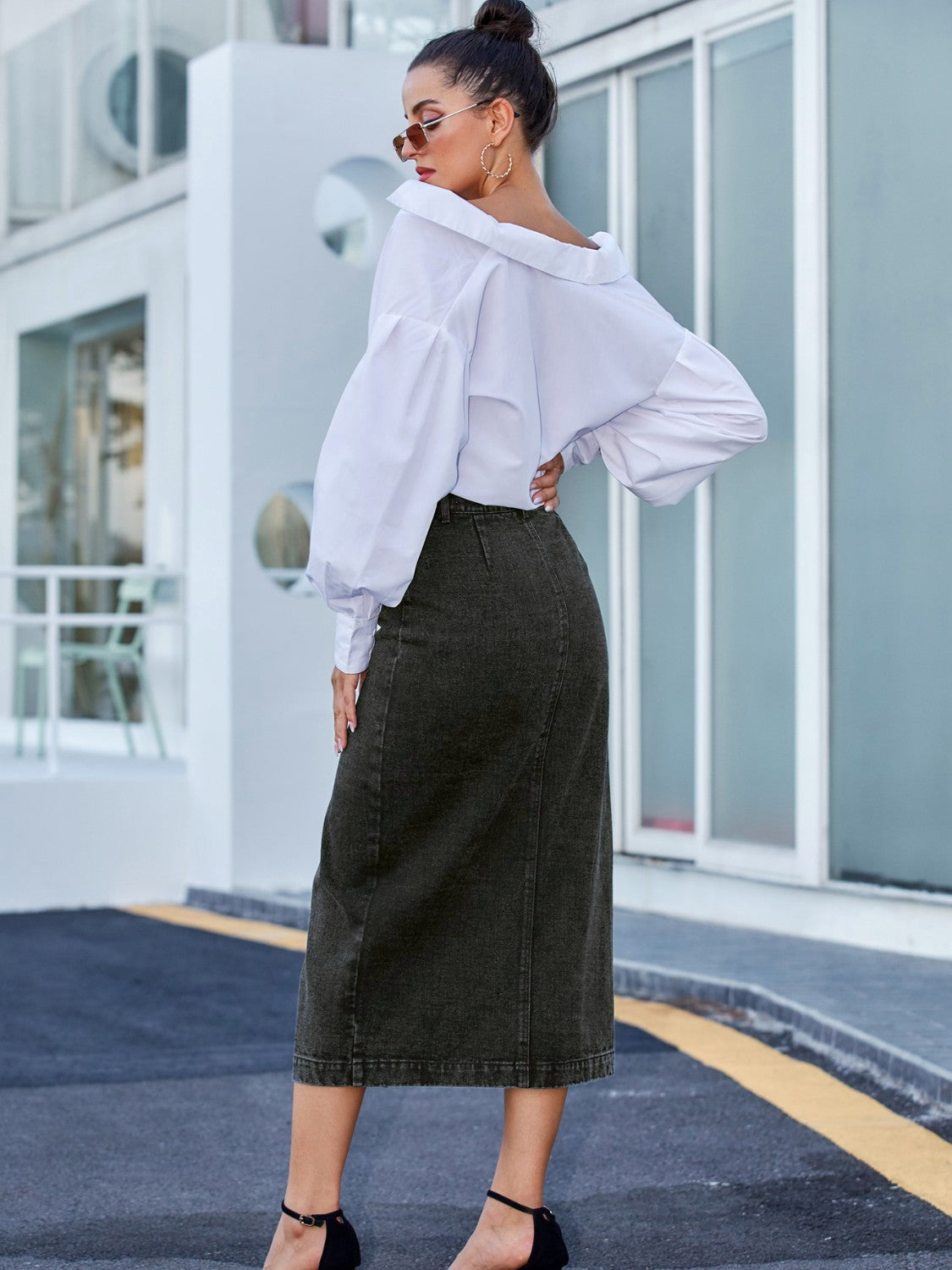 Button Down Denim Skirt - The Goddess Galleries