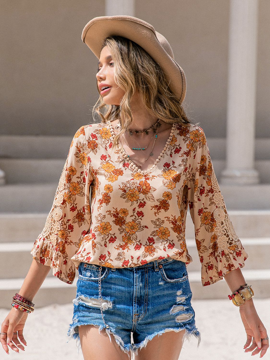 Floral V-Neck Spliced Lace Blouse - The Goddess Galleries