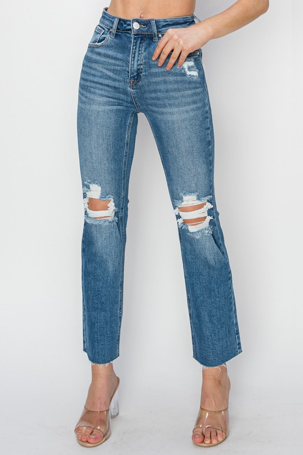RISEN High Rise Distressed Ankle Jeans - The Goddess Galleries