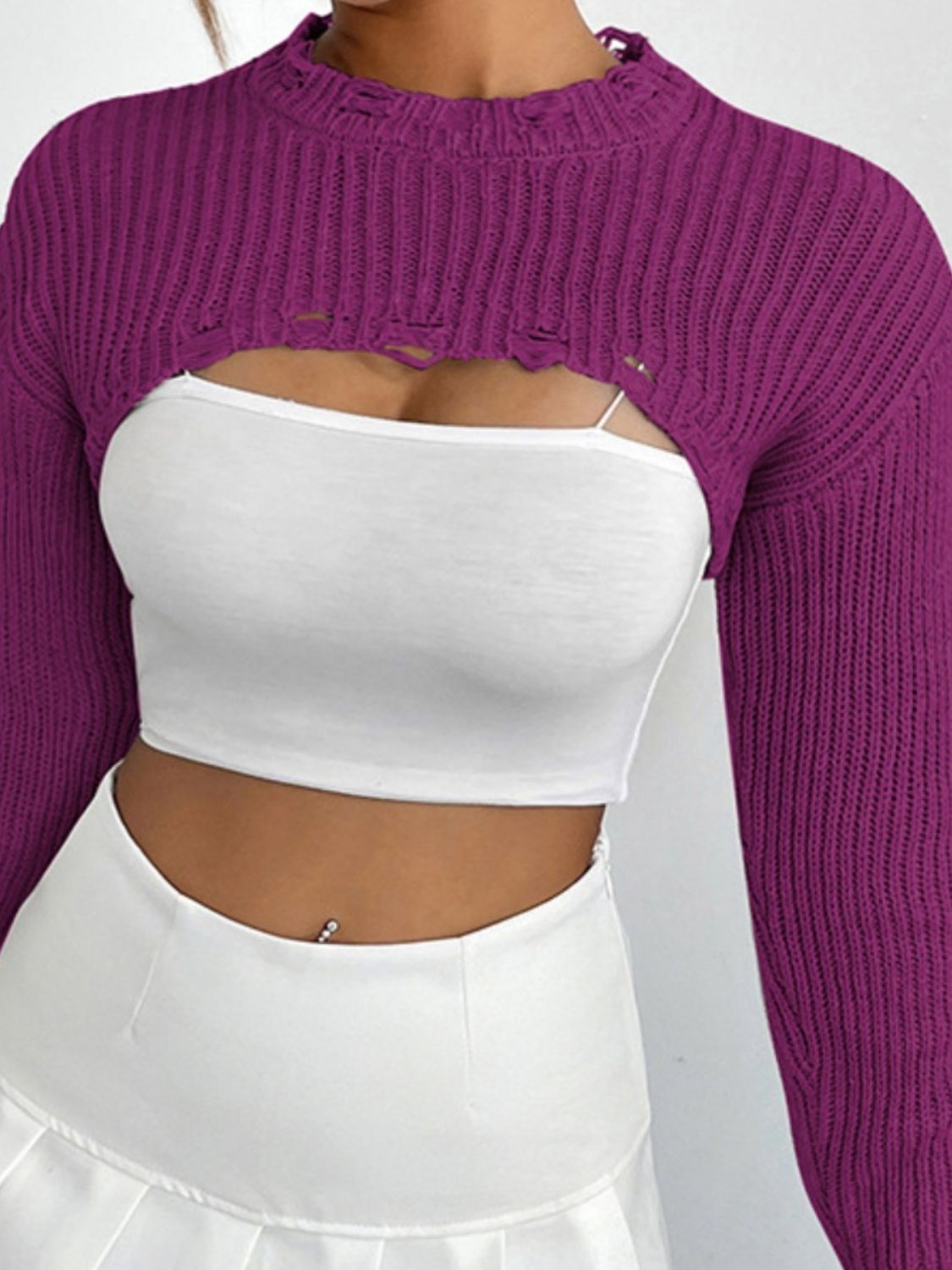 Distressed Long Sleeve Cropped Sweater - The Goddess Galleries