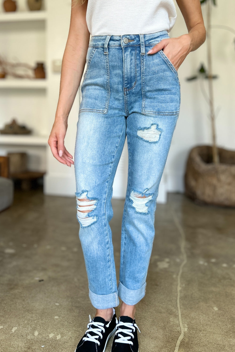 Judy Blue Full Size Distressed Straight Jeans with Patch Pockets - The Goddess Galleries