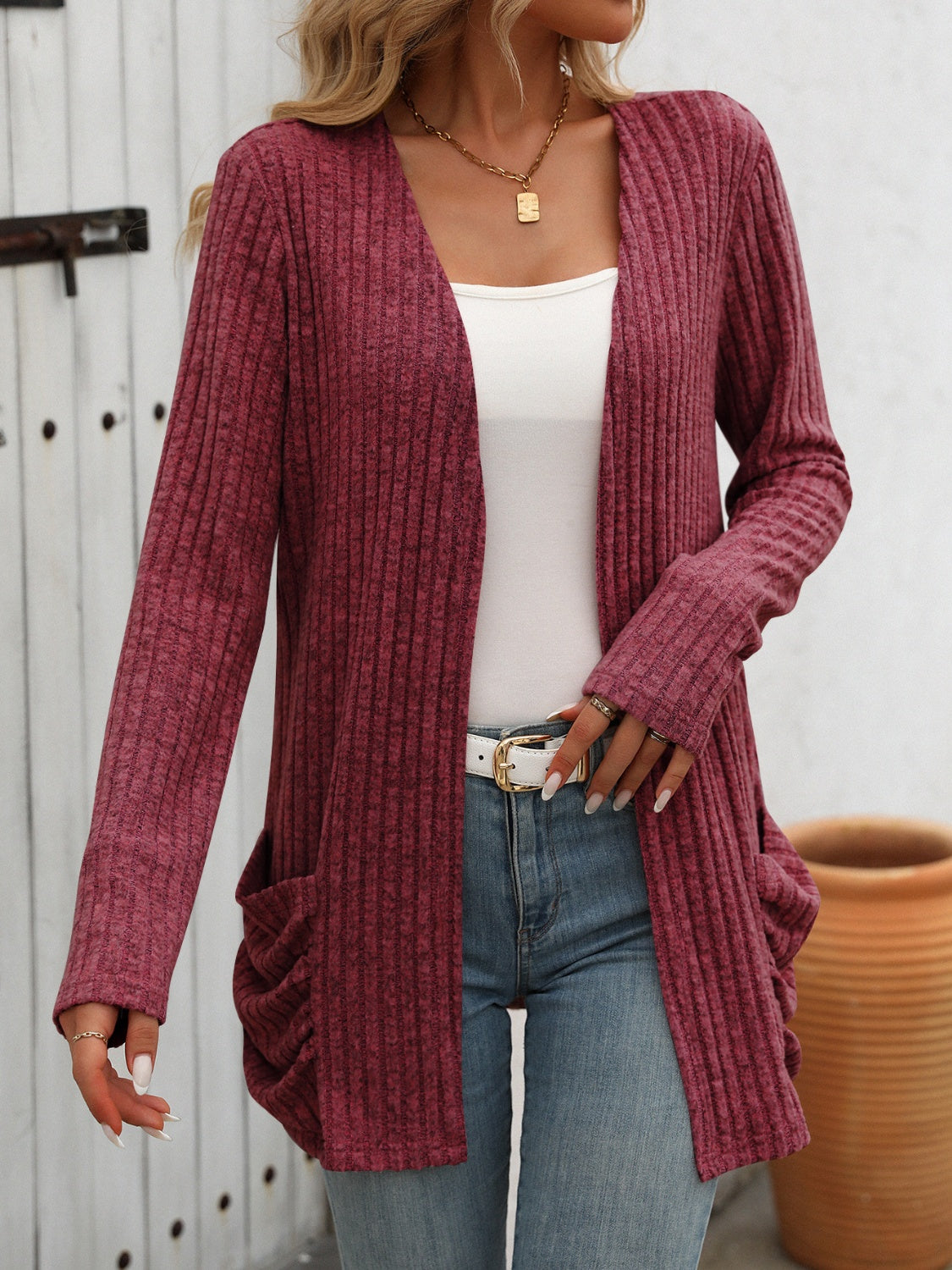 Mandy Open Front Long Sleeve Ribbed Cardigan - The Goddess Galleries