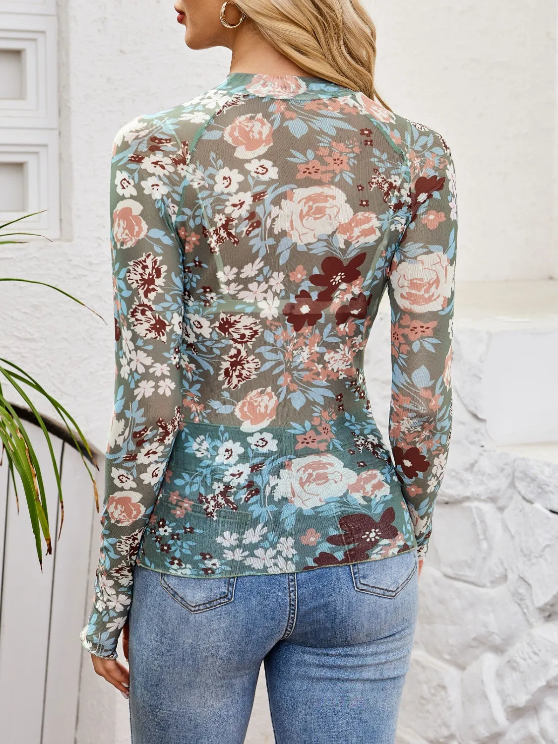 Floral Mock Neck Long Sleeve Top - The Goddess Galleries