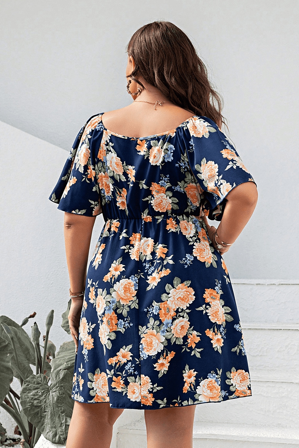 Plus Size Floral Print V-Neck Flutter Sleeve Mini Dress - The Goddess Galleries