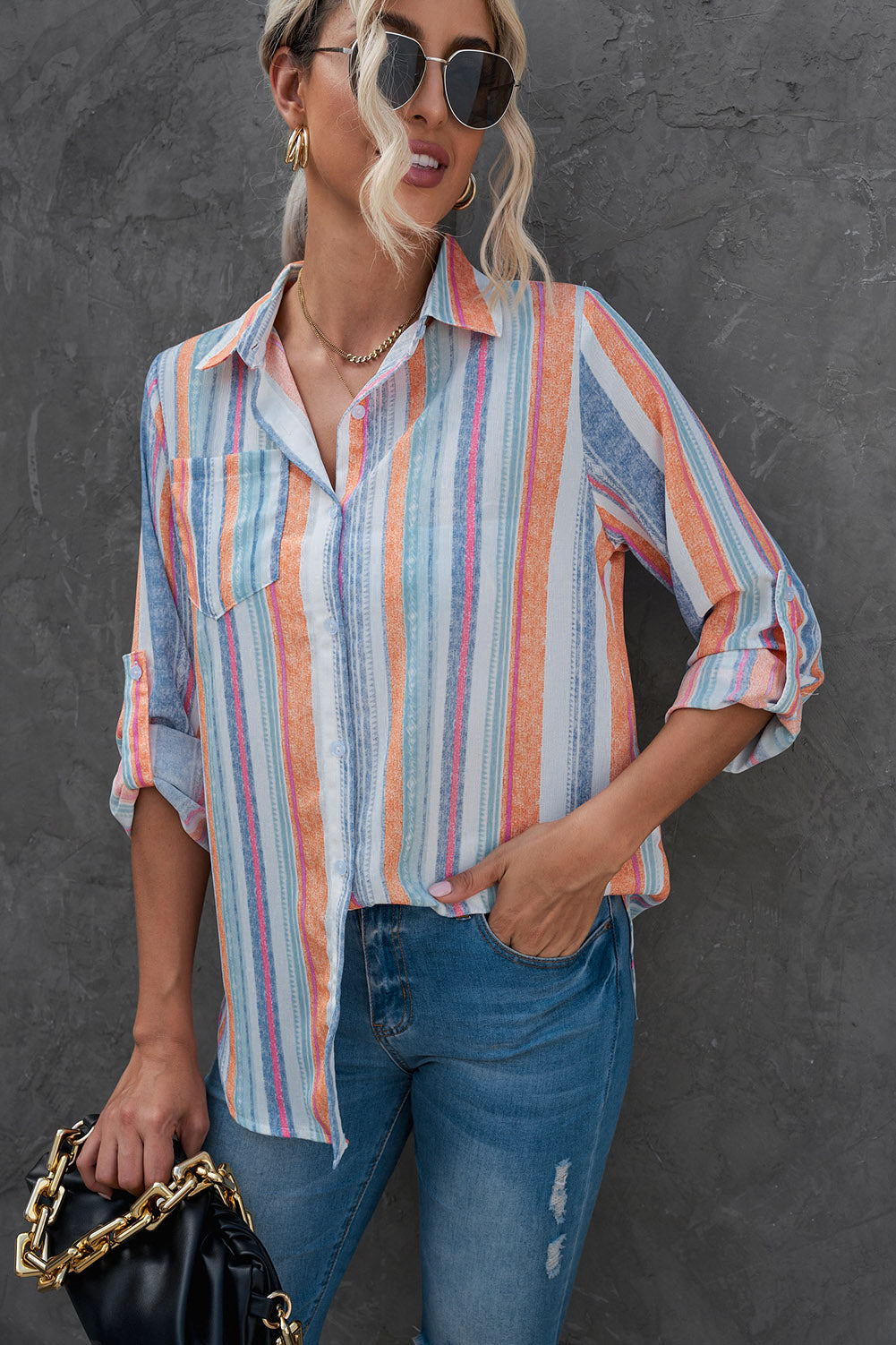 Striped Button-Up Curved Hem Shirt with Breast Pocket - The Goddess Galleries