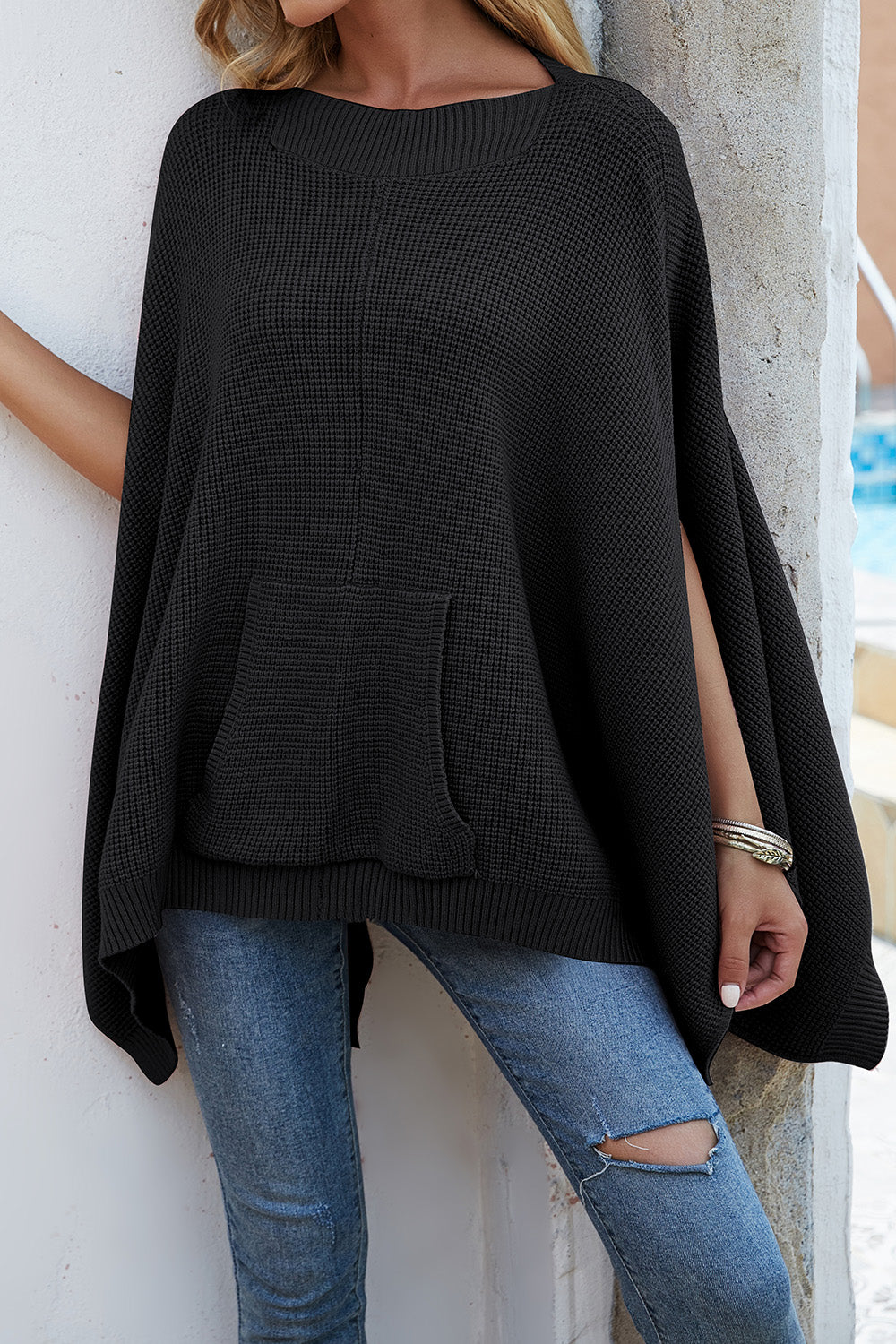 Waffle-Knit Pocketed Cape Sleeve Sweater - The Goddess Galleries