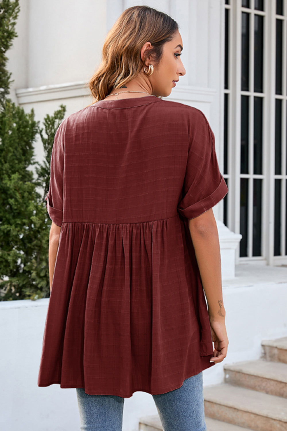 Ruched Notched Short Sleeve Blouse - The Goddess Galleries