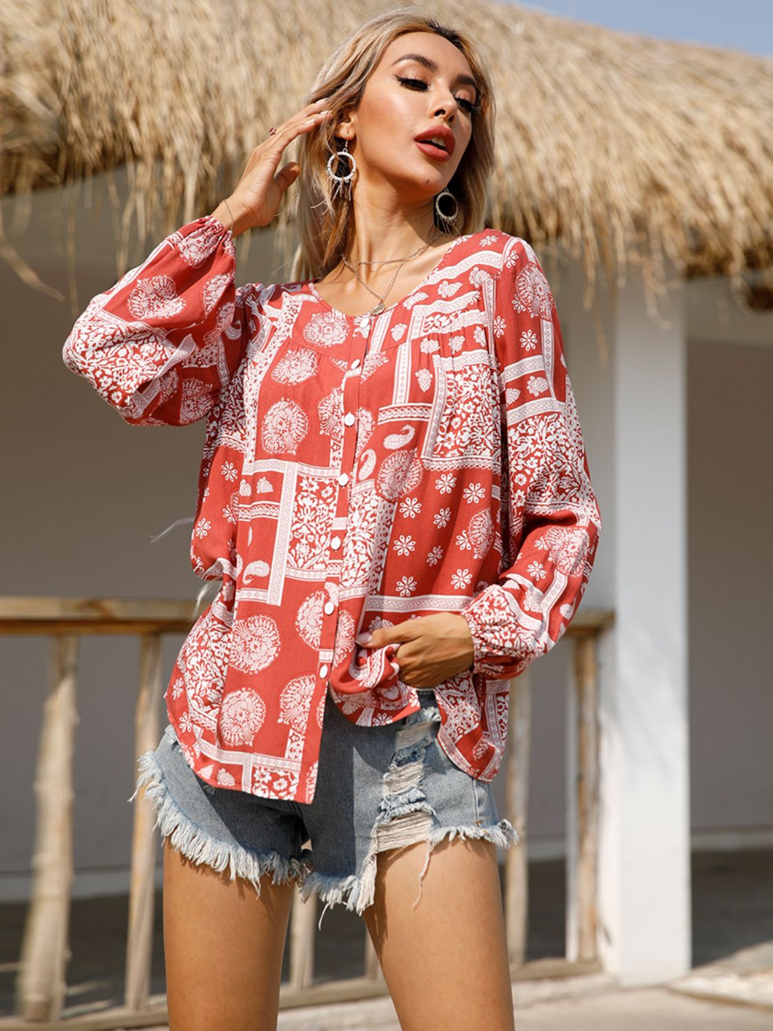 Shiny Round Neck Button Down Shirt - The Goddess Galleries