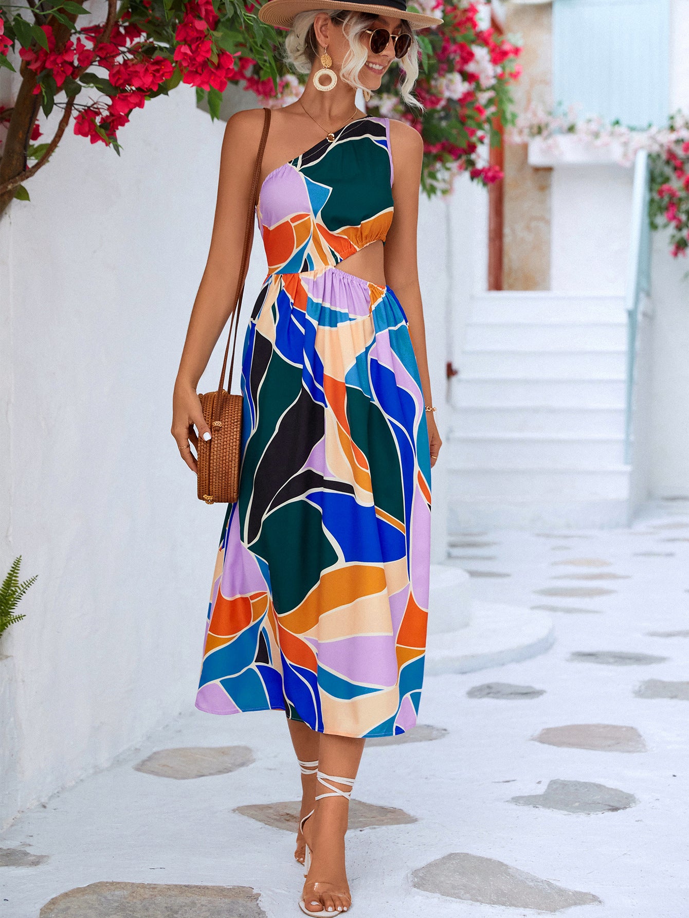 Printed Cutout One-Shoulder Sleeveless Dress - The Goddess Galleries