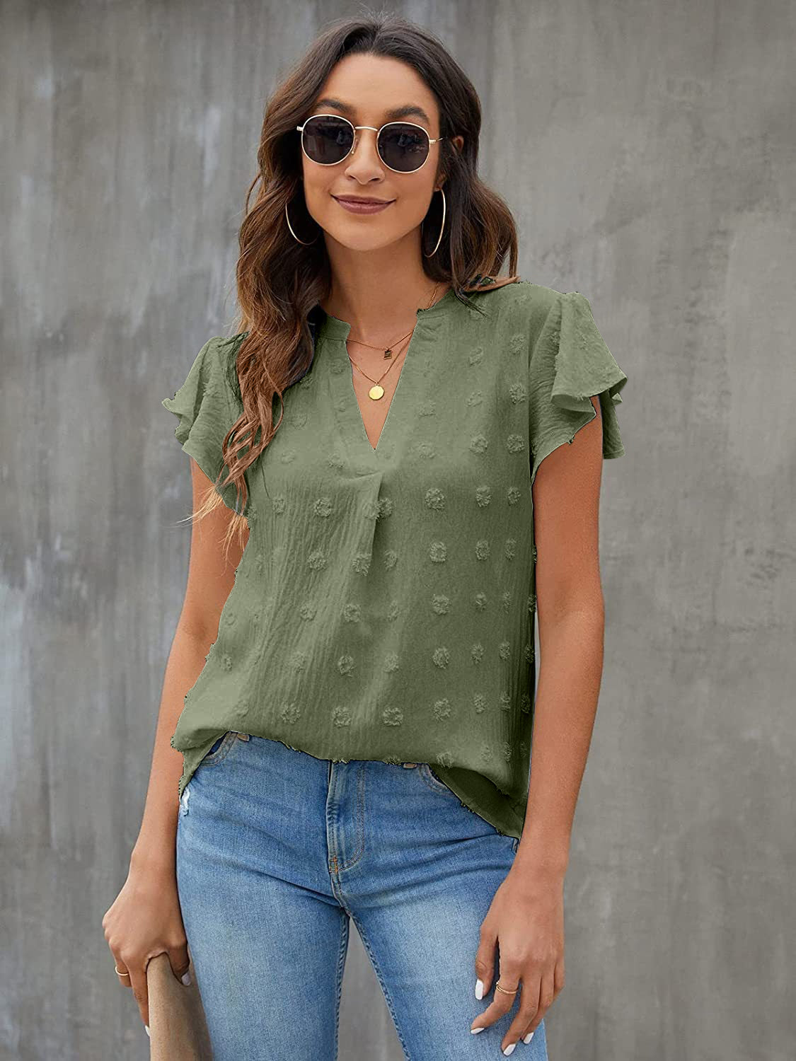 Swiss Dot Notched Flutter Sleeve Blouse - The Goddess Galleries