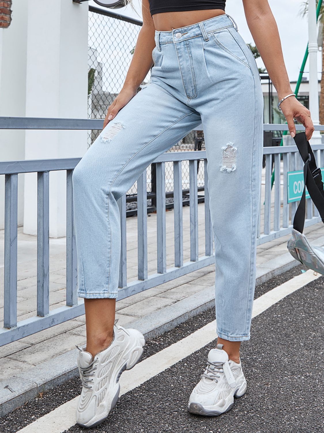 Distressed Straight Jeans with Pockets - The Goddess Galleries