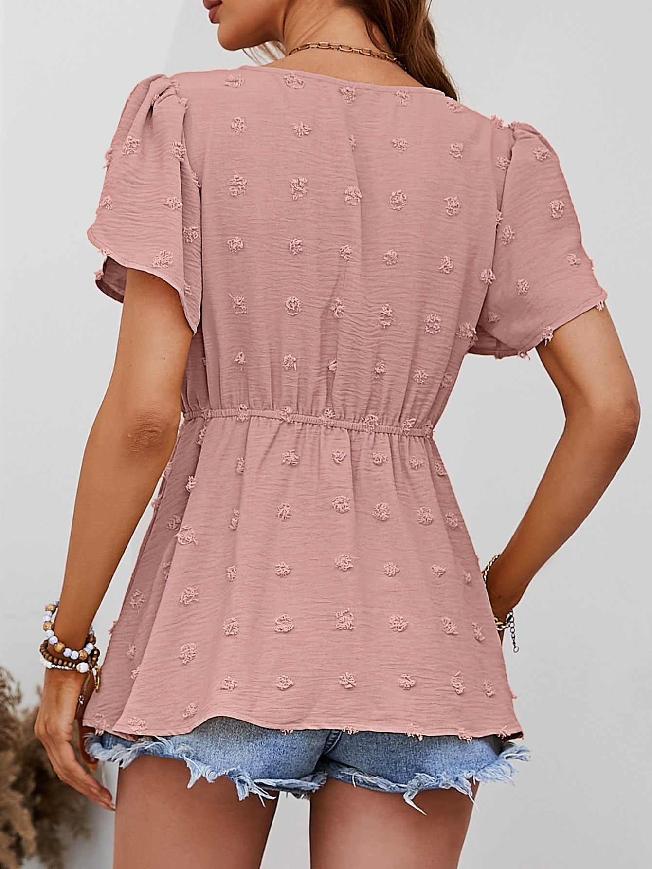 Swiss Dot Buttoned Petal Sleeve Peplum Blouse - The Goddess Galleries