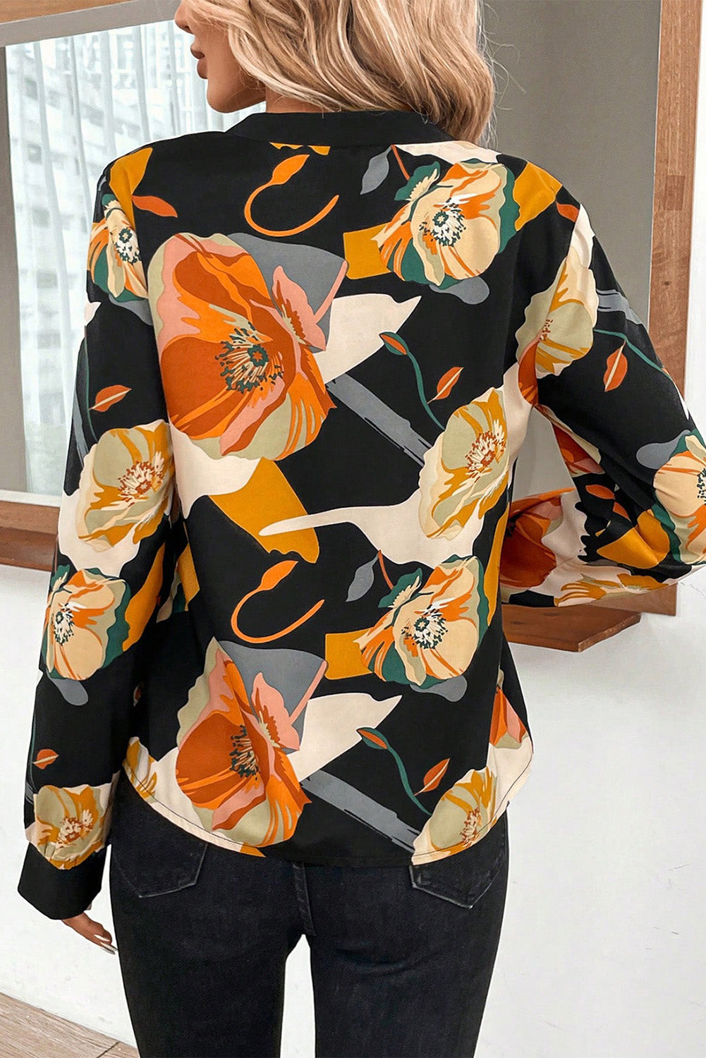 Floral Notched Long Sleeve Blouse - The Goddess Galleries