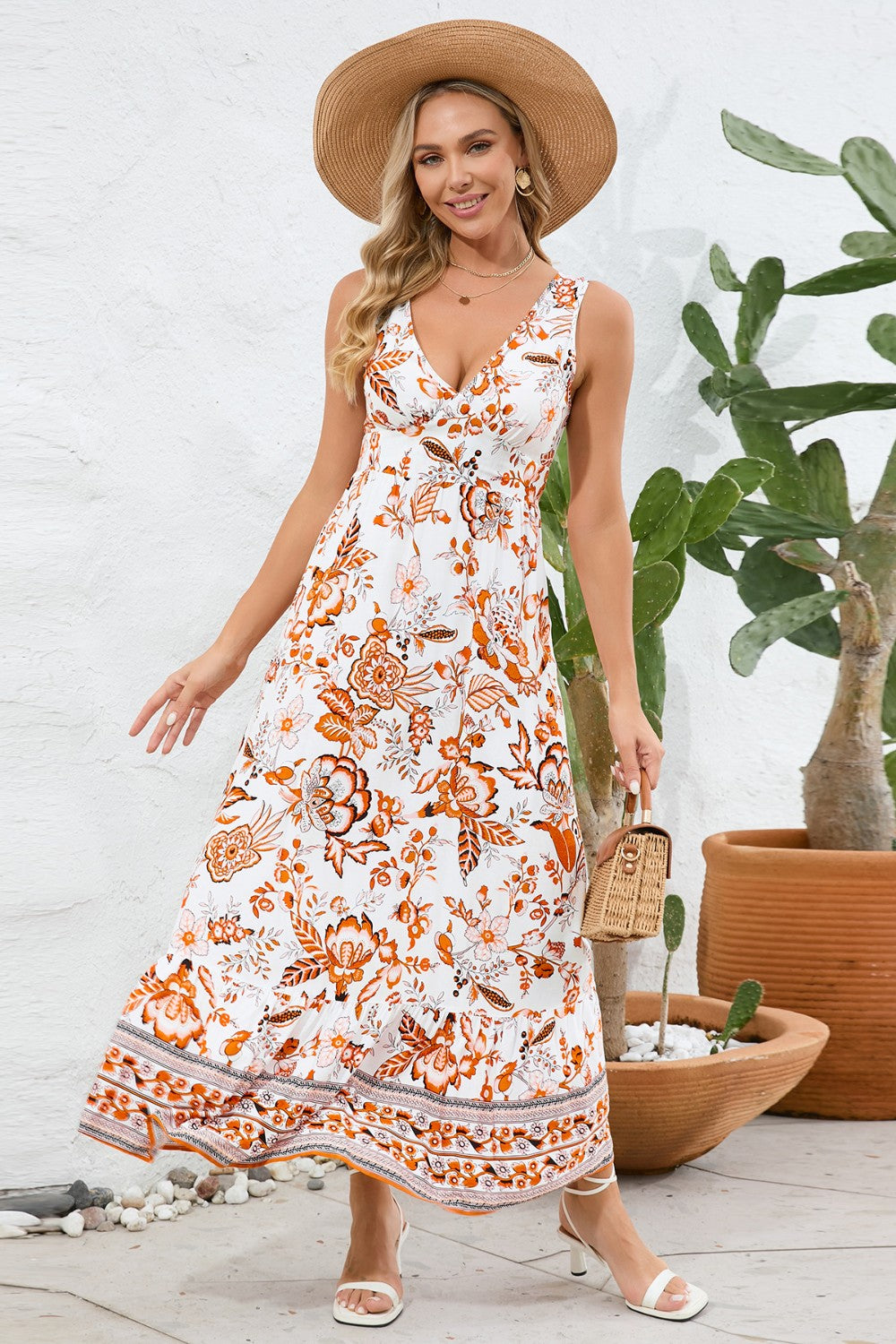 Printed V-Neck Wide Strap Dress - The Goddess Galleries