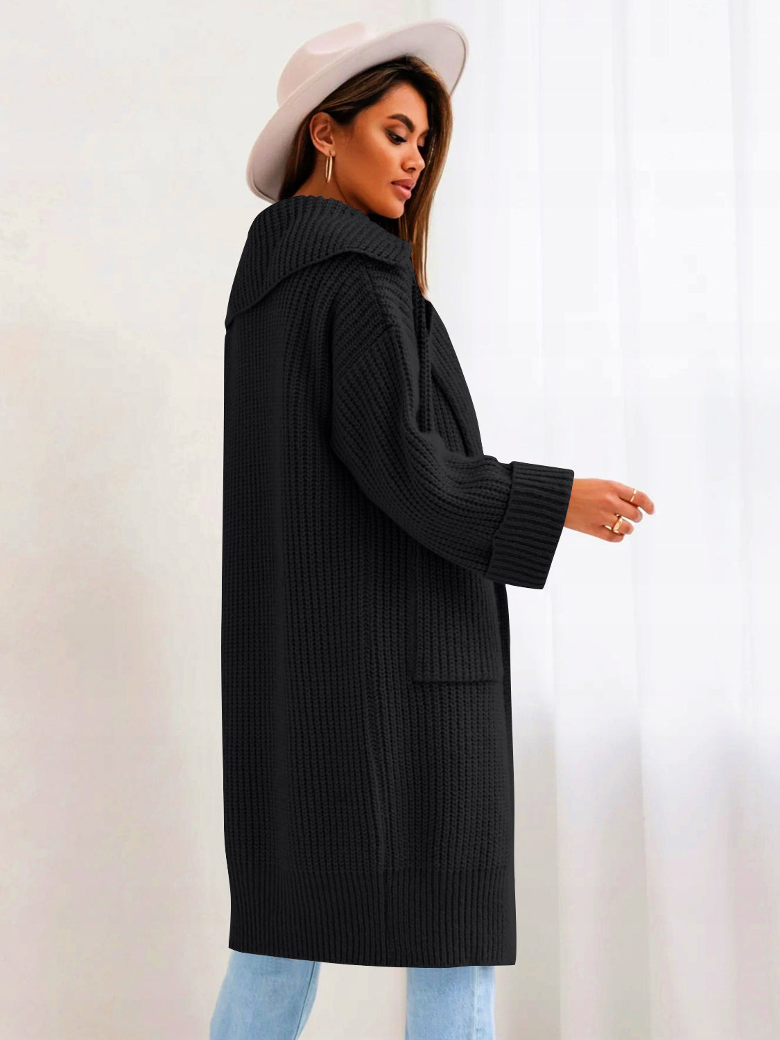 Pocketed Collared Neck Dropped Shoulder Cardigan - The Goddess Galleries