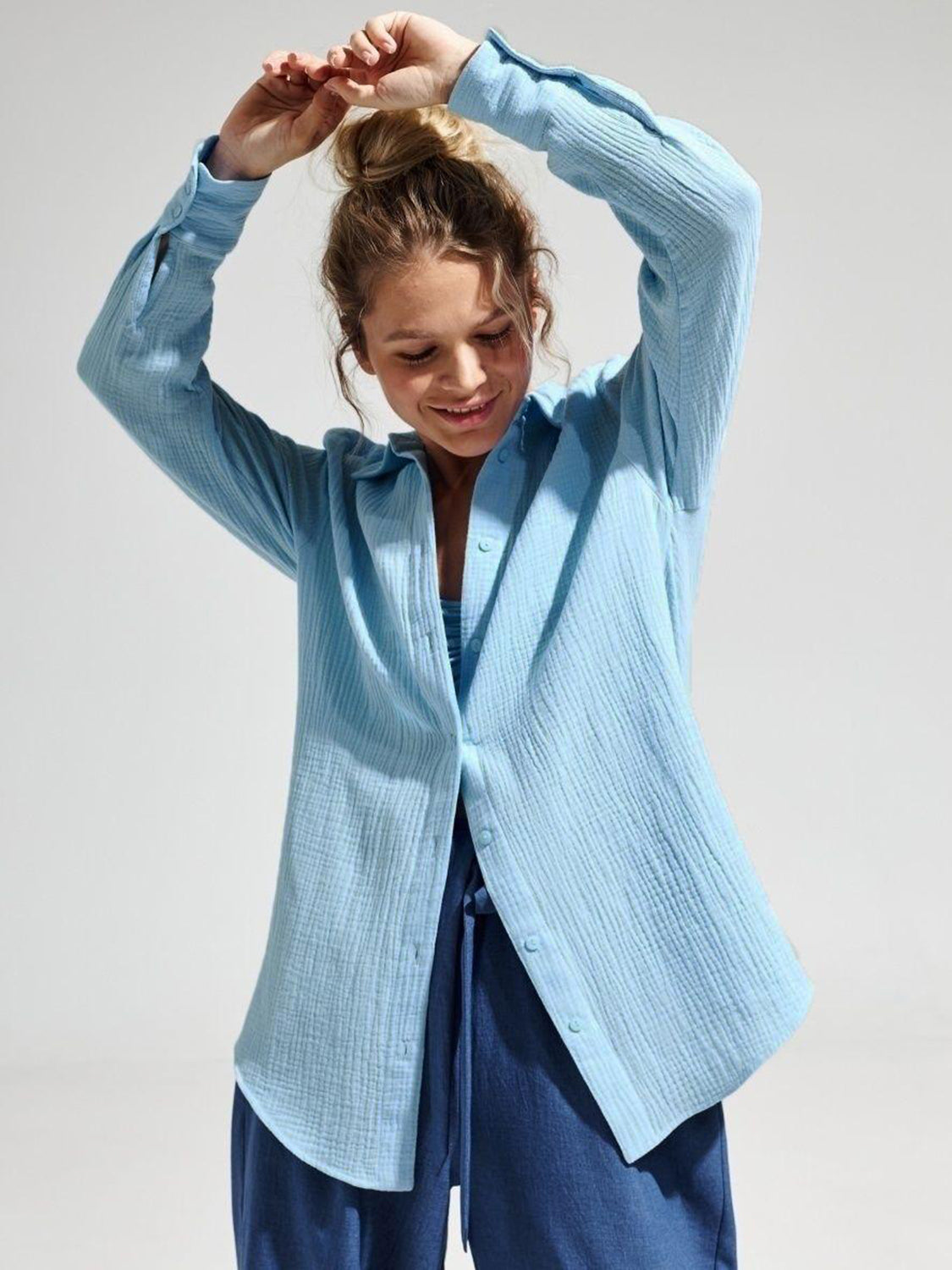 Textured Collared Neck Long Sleeve Shirt - The Goddess Galleries