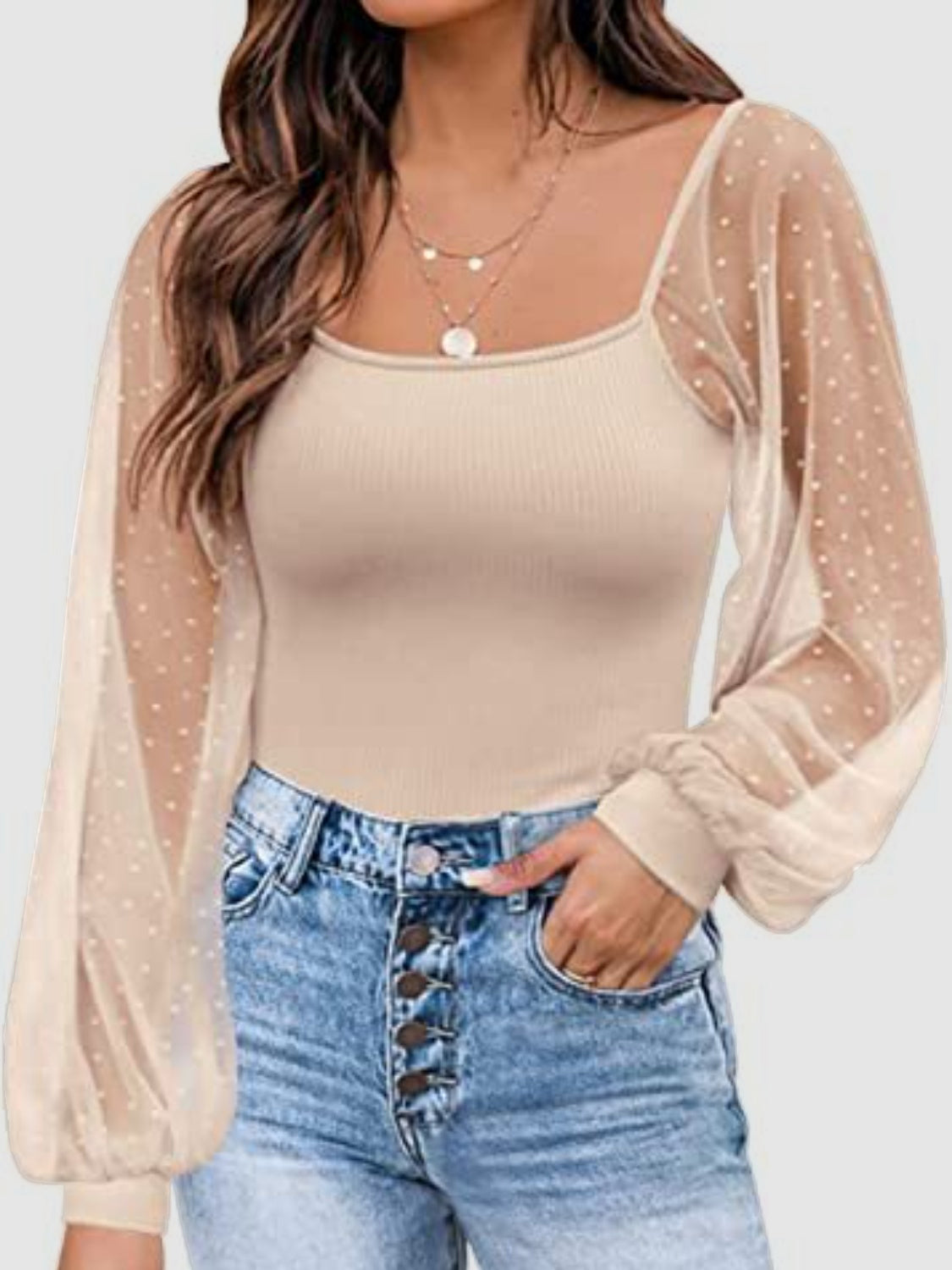 Polka Dot Square Neck Lantern Sleeve Blouse - The Goddess Galleries
