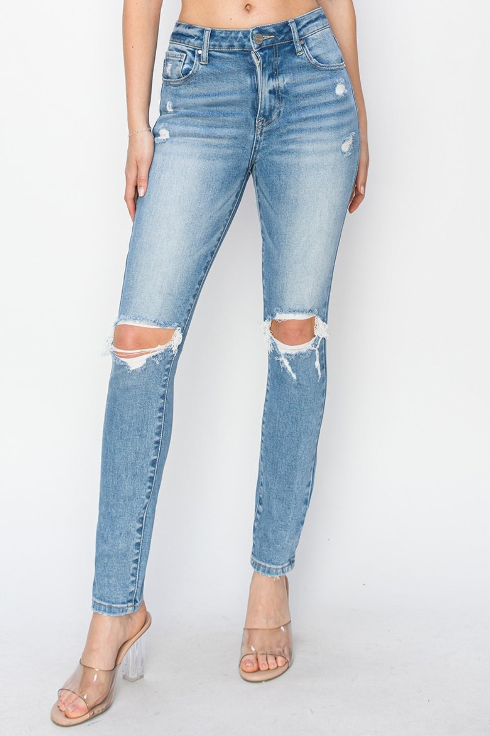 Risen Full Size High Rise Knee Distressed Skinny Jeans - The Goddess Galleries