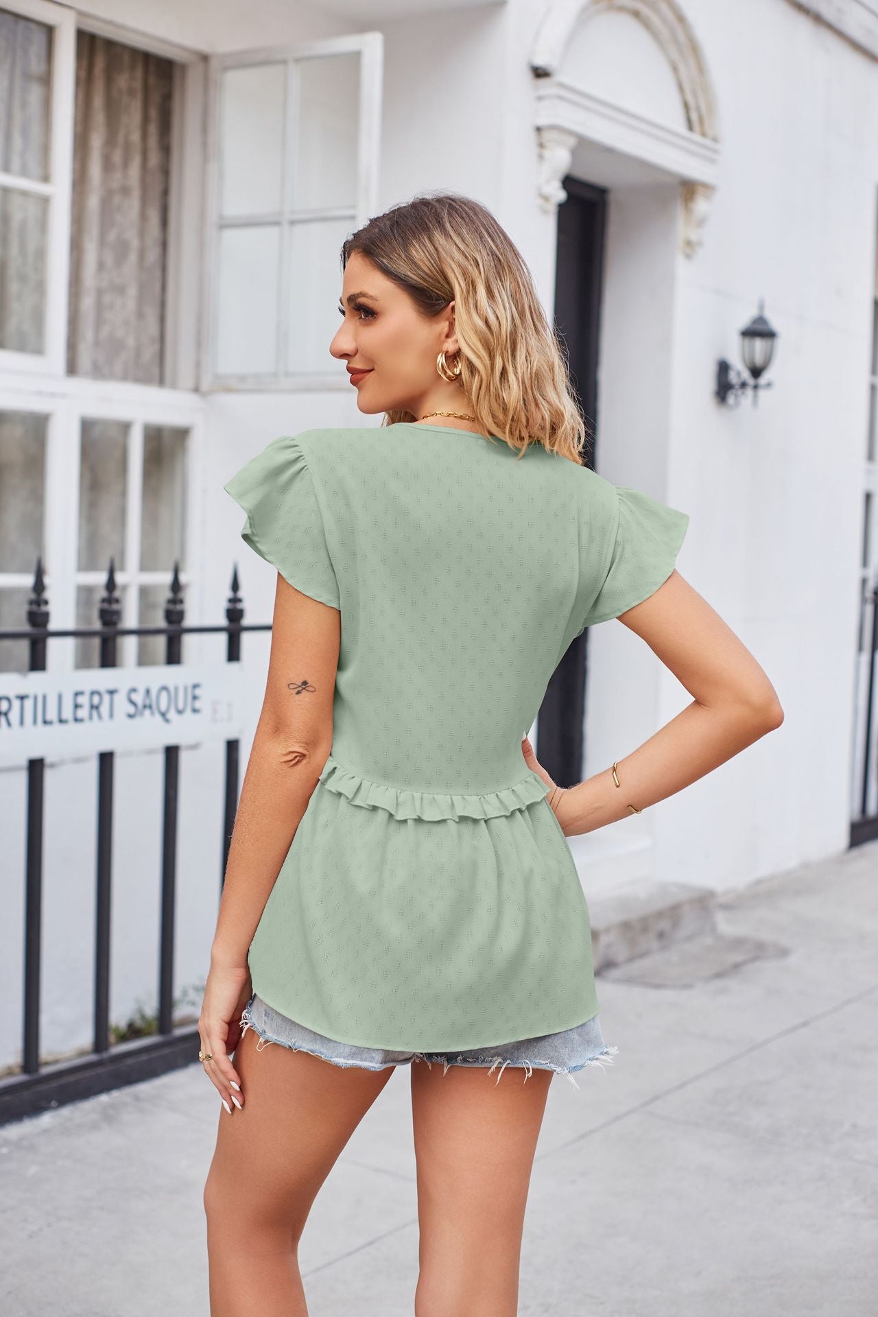 Buttoned V-Neck Ruffle Trim Top - The Goddess Galleries