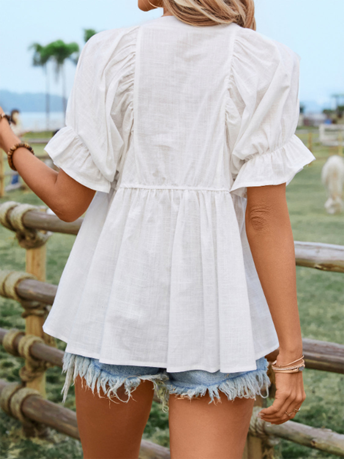 Peplum Round Neck Flounce Sleeve Blouse - The Goddess Galleries